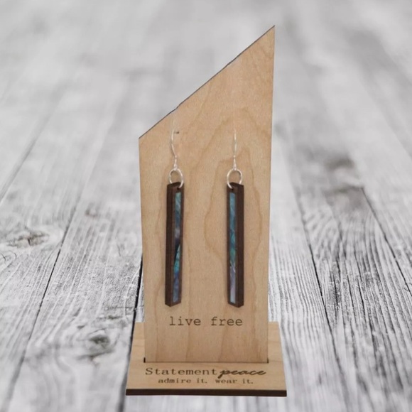 HANDMADE Earrings Artisan ABALONE Wood Shell Bar Dangle Handmade Eco Friendly - Picture 2 of 3